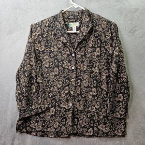 Talbots Shirt Womens Sz 8 Black Floral Rayon Casual Long Sleeve Button Up